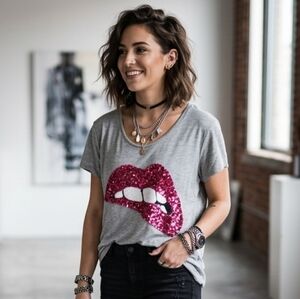 H&M L Y2K Modern Contemporary Indie Sleeze Grunge Sequin Lips Graphic T-Shirt